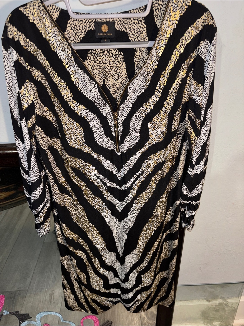 JM Collection Black, White & Gold Zebra-Print Long Sleeve Dress